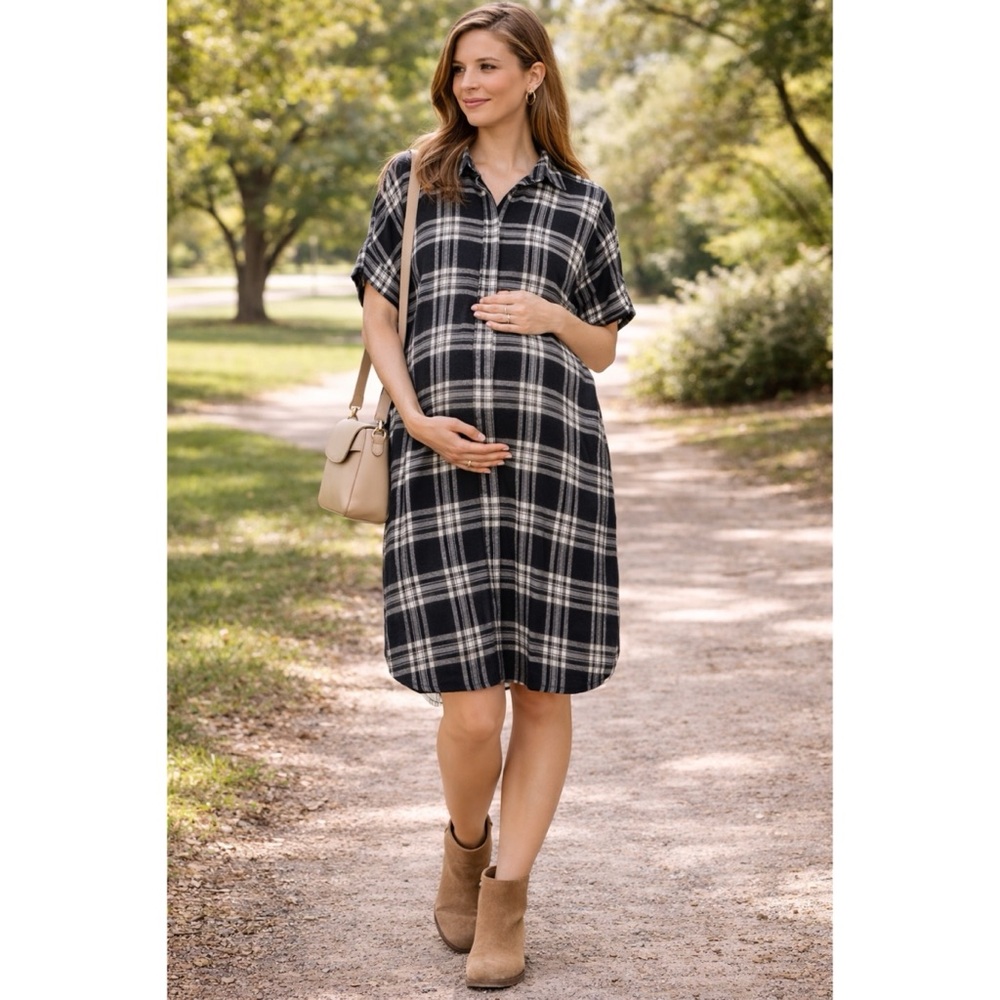 Hatch Black & White Plaid Flannel Dress Boxy Cozy Mom-To-Be Pregnancy  OS